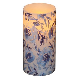 Mikasa Blue Flower Decal LED Wax Pillar Candle
