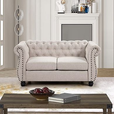 Morden Fort Linen Chesterfield Loveseat With Roll Arms