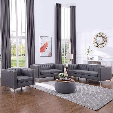Morden Fort Living Room 3 Pieces Sofa Set Leather Sofa Set Channel Backrest Simplicism