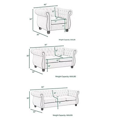 Morden Fort Linen Chesterfield 3 Pieces Sofa Set With Roll Arms