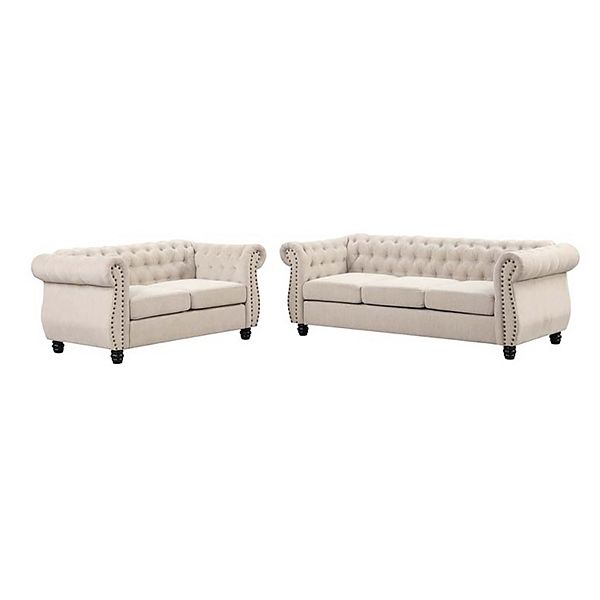 Morden Fort Chesterfield 2 Pieces Sofa Set, Living Room Linen Loveseat ...