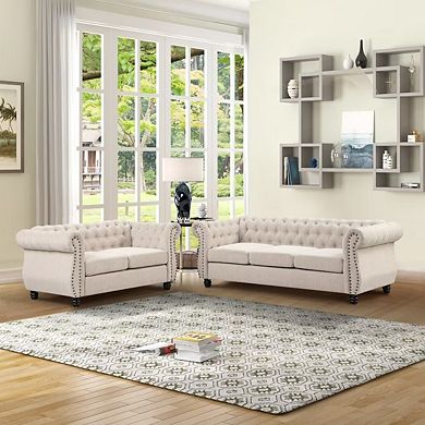 Morden Fort Chesterfield 2 Pieces Sofa Set, Living Room Linen Loveseat And Sofa , Beige