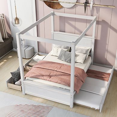 Merax Canopy Platform Bed with Trundle Bed, Wood Canopy Bed