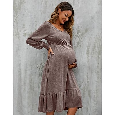 Women's Maternity Puff Long Sleeve Flowy Dress Pleated Flare With Smocked  Cuffs Casual Midi Dress
