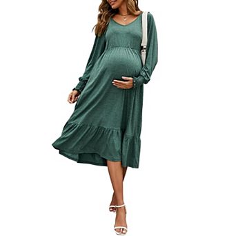 Women's Maternity Puff Long Sleeve Flowy Dress Pleated Flare With Smocked Cuffs Casual Midi Dress