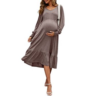 Women's Maternity Puff Long Sleeve Flowy Dress Pleated Flare With Smocked Cuffs Casual Midi Dress