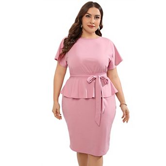 Women Plus Size Bodycon Elegant Midi Dress Peplum Business Office Sheath Cocktail Dress With Belt