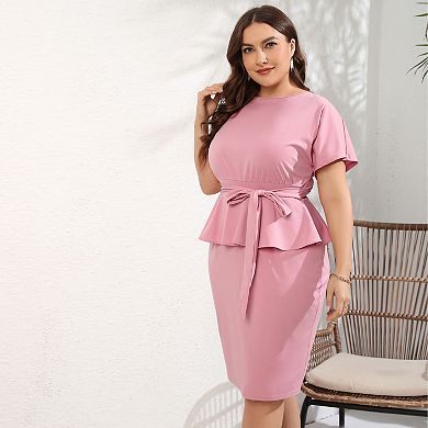 Women Plus Size Bodycon Elegant Midi Dress Peplum Business Office Sheath Cocktail Dress With Belt