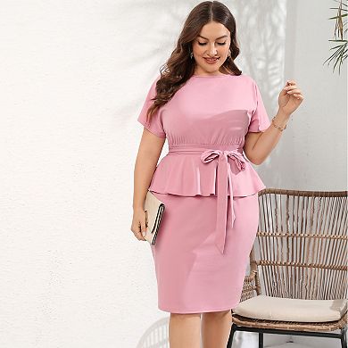 Women Plus Size Bodycon Elegant Midi Dress Peplum Business Office Sheath Cocktail Dress With Belt