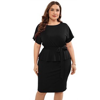 Women Plus Size Bodycon Elegant Midi Dress Peplum Business Office Sheath Cocktail Dress With Belt