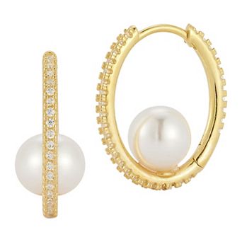 Sunkissed Sterling 14k Gold Over Silver Cubic Zirconia & Freshwater Cultured Pearl Oval Hoop Earrings