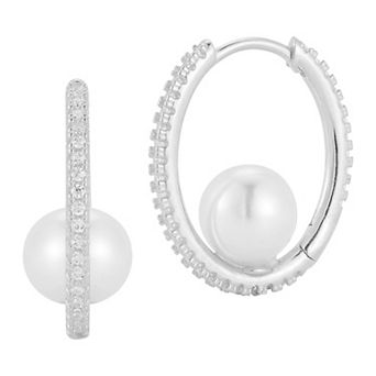 Sunkissed Sterling 14k Gold Over Silver Cubic Zirconia & Freshwater Cultured Pearl Oval Hoop Earrings