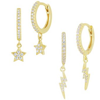 Sunkissed Sterling Sterling Silver Cubic Zirconia Star Charm Huggie Earring Duo Set