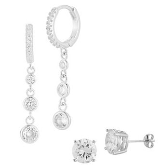 Sunkissed Sterling Sterling Silver Cubic Zirconia Drop Huggie Earring Duo Set
