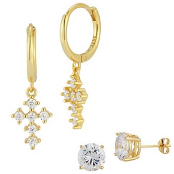 Sunkissed Sterling Sterling Silver Cubic Zirconia Cross Charm Huggie Earring Duo Set