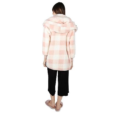 Women's Plaid Plush Hooded Cardigan