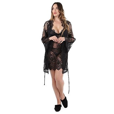 Women's Bell Sleeve Lace Robe with Eyelash Scalloped Hem