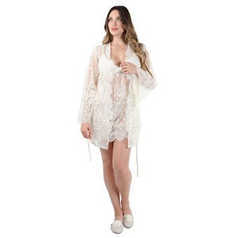 Women's Bell Sleeve Lace Robe with Eyelash Scalloped Hem