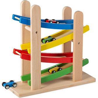 Wooden Car Ramps Race - 4 Level Toy Toddler Car Ramp Race Track Includes 4 Wooden Toy Cars