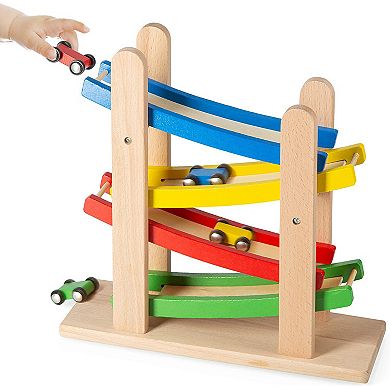 Wooden Car Ramps Race - 4 Level Toy Toddler Car Ramp Race Track Includes 4 Wooden Toy Cars