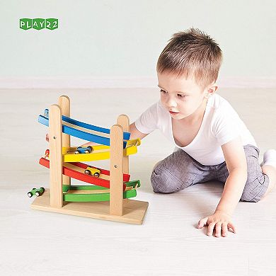 Wooden Car Ramps Race - 4 Level Toy Toddler Car Ramp Race Track Includes 4 Wooden Toy Cars