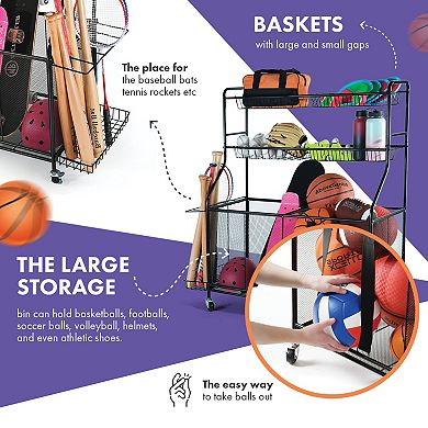 Ball Rack for Garage - Garage Sports Equipment Organizer Ball Rack with Baskets