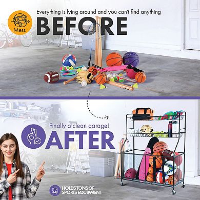 Ball Rack for Garage - Garage Sports Equipment Organizer Ball Rack with Baskets