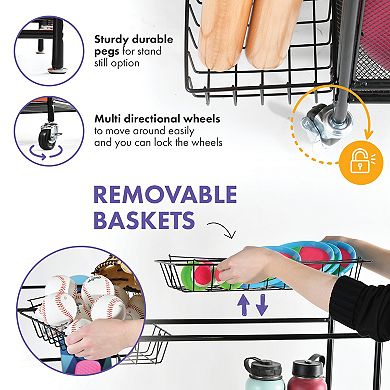 Ball Rack for Garage - Garage Sports Equipment Organizer Ball Rack with Baskets