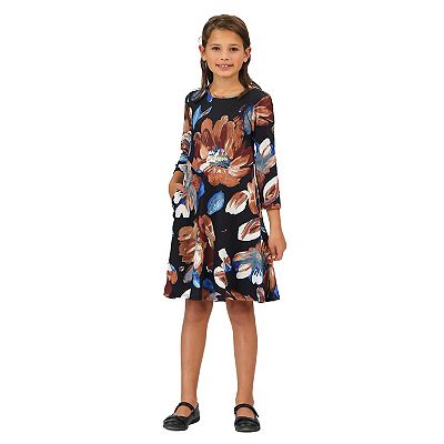 Girls Long Sleeve Black Floral Knee Length Pocket Dress