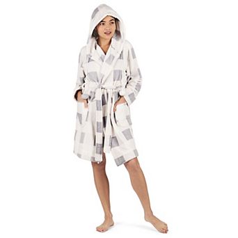 Women's Plaid Plush Hooded Robe with Pom-Pom Drawstrings