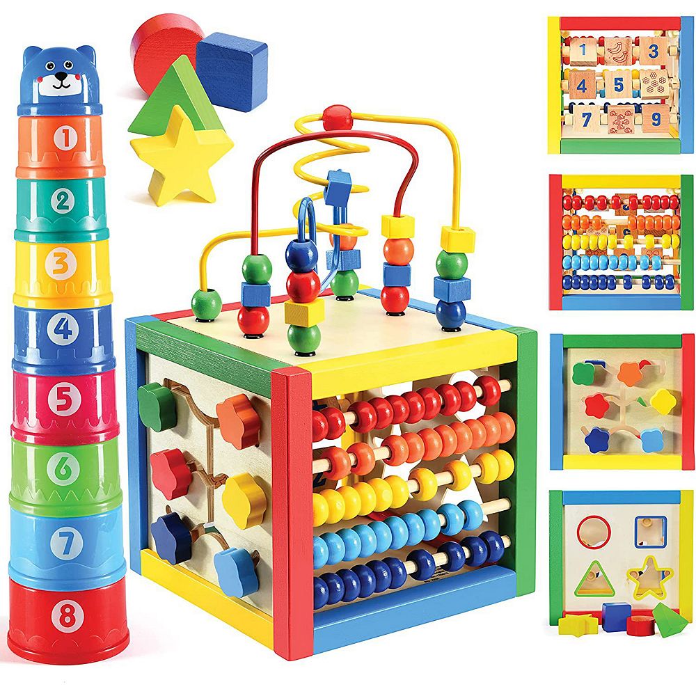 Wooden Activity Play Cube 6 in-1 for Baby with Bead Maze, Shape Sorter ...