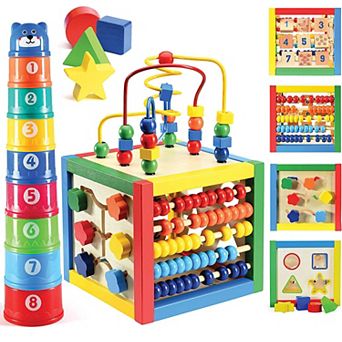 Wooden Activity Play Cube 6 in-1 for Baby with Bead Maze, Shape Sorter, Abacu, Sliding Shapes