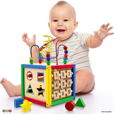 Wooden Activity Play Cube 6 in-1 for Baby with Bead Maze, Shape Sorter, Abacu, Sliding Shapes