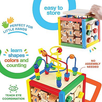 Wooden Activity Play Cube 6 in-1 for Baby with Bead Maze, Shape Sorter, Abacu, Sliding Shapes