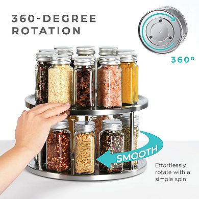 2 Tier Lazy Susan Organizer - 360-Degree Stainless Steel Turntable Cabinet Organizer Storage for Kitchen, Pantry, Bathroom - Rotating Spice Rack Organizer with 2 Round Trays For Food, Seasoning
