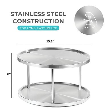 2 Tier Lazy Susan Organizer - 360-Degree Stainless Steel Turntable Cabinet Organizer Storage for Kitchen, Pantry, Bathroom - Rotating Spice Rack Organizer with 2 Round Trays For Food, Seasoning