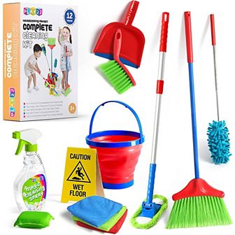 Kids Cleaning Set 12 pc Includes Broom, Mop, Brush, Dust Pan, Duster, Sponge, Clothes and more