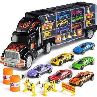 Toy Truck Transport Car Carrier Includes 6 Toy Cars and Accessories - Toy Trucks Fits 28 Toy Cars