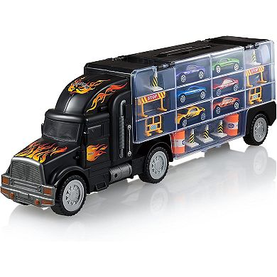 Toy Truck Transport Car Carrier Includes 6 Toy Cars and Accessories - Toy Trucks Fits 28 Toy Cars