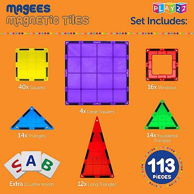 Magnetic Tiles Building Blocks - 113pcs Advanced Set - Includes 13 Piece Insert Alphabet Cards