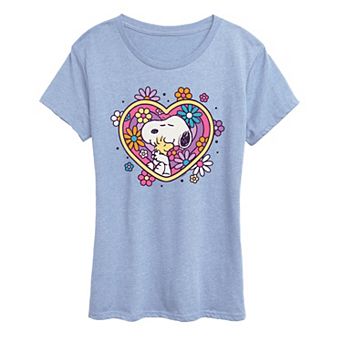 Women's Peanuts Snoopy & Woodstock Hug Heart Flower Graphic Tee