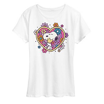 Women's Peanuts Snoopy & Woodstock Hug Heart Flower Graphic Tee