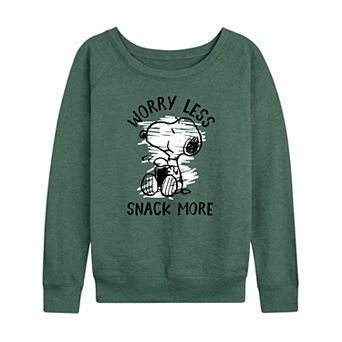 Women's Peanuts Snoopy Worry Less Snack More French Terry Long Sleeve Tee