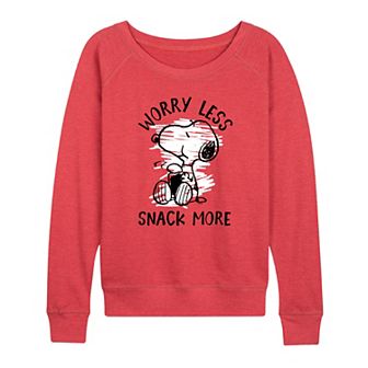 Women's Peanuts Snoopy Worry Less Snack More French Terry Long Sleeve Tee