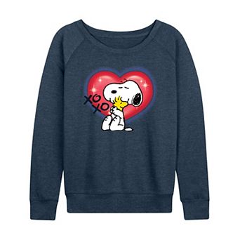Women's Peanuts Snoopy & Woodstock Airbrush Heart French Terry Long Sleeve Tee
