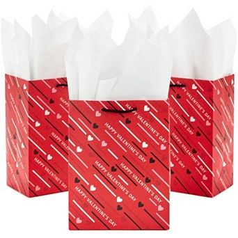 Hallmark 3-Pack Medium Valentine's Day Gift Bags With Tissue Paper - Diagonal Hearts and Stripes