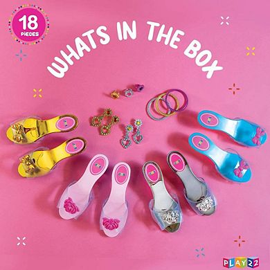 Princess Dress Up Shoes - 18pc Princess Toys for Little Girls - Toddler Dress Up Jewelry Toy Heels - 4 5 Year Old Girl Birthday Gifts  4 Pairs of Shoes 2 Earrings 3 Bracelets and 3 Rings