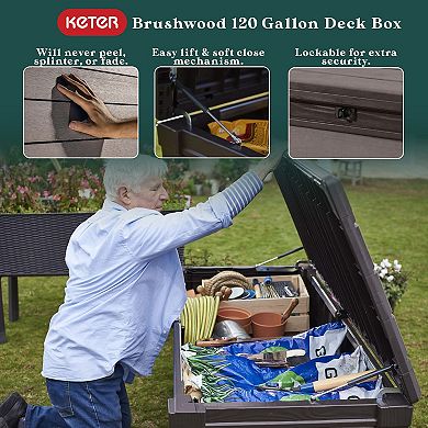 Keter Brushwood 120 Gallon Resin Outdoor Deck Storage Box For Yard Tools, Brown
