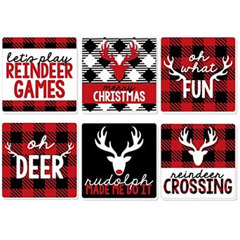 Big Dot Of Happiness Prancing Plaid Funny Reindeer Christmas Party Decor Drink Coasters 6 ct