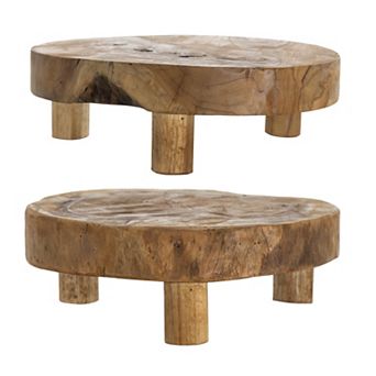 A&B Home Teak Wood Footed Round Decorative Tray Table Decor 2 pc Set
